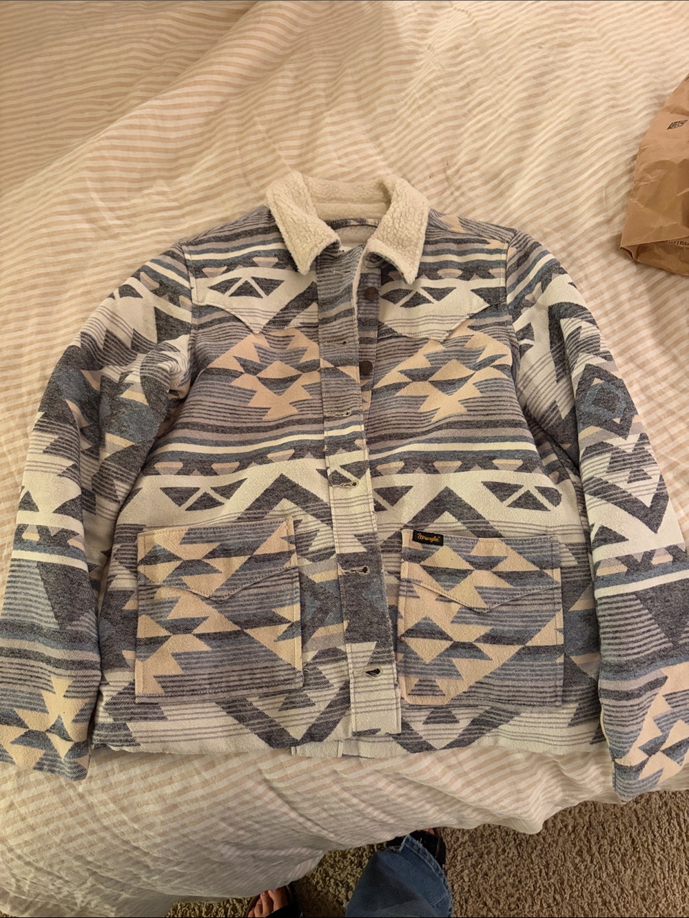 Wrangler Geometric Sherpa Jacket in Blue and Cream